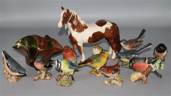 Beswick horse ,11 models of birds & lustre glass dish